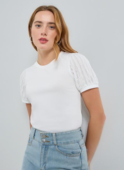 Women Solid Lace Puff Sleeve Top